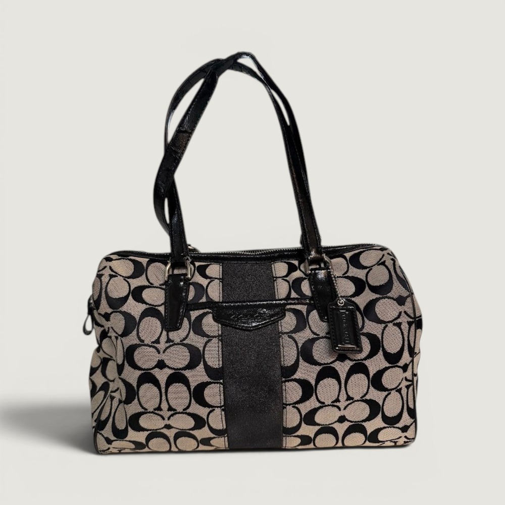Coach Signature Stripe Nancy Satchel Black Grey Monogram Canvas Bag F28505